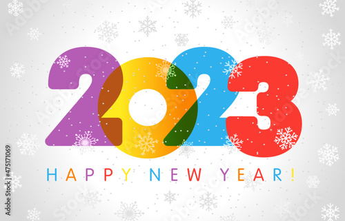 2023 A Happy New Year congrats. Creative logotype concept with transparency. White snowy backdrop. Abstract isolated graphic design template. Decorative transparent numbers. Coloured digits.