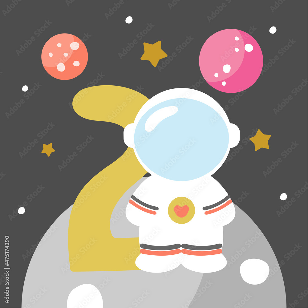 Space Party Invitation Card Template, Birthday Party in Cosmic Style Celebration, Greeting Card, Flyer Cartoon Vector. Kids illustration with planets, cosmonaut and number two.