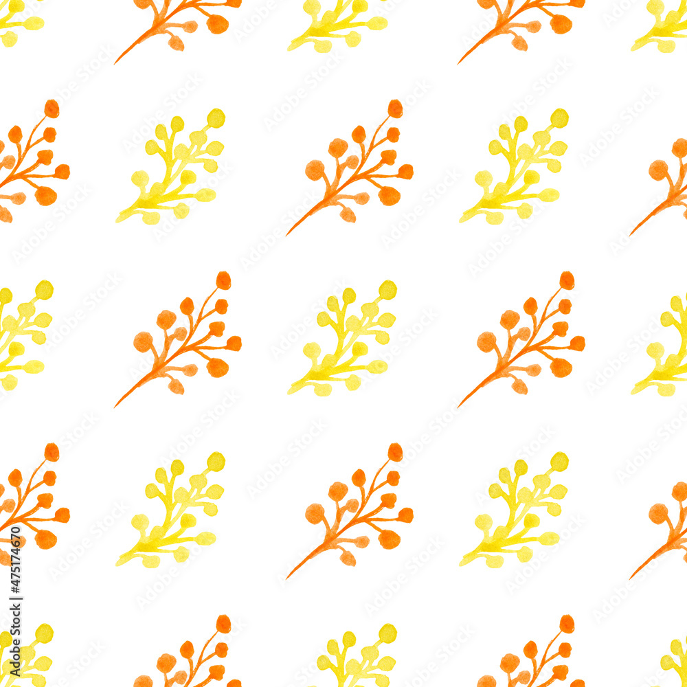 Seamless pattern with hand-drawn watercolor orange and yellow branches with berries on white. Organic, natural, freshness concept for textile, print, etc.