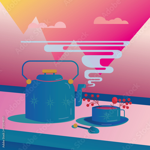 Illustration of a tea party at sunset in the mountains. The coziness of hot tea with herbs and views of nature. Teapot of hot water for brewing tea from flowers and berries.