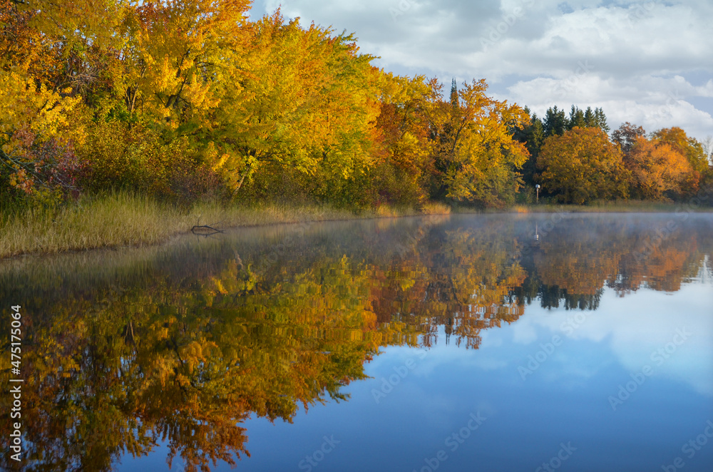 autumn trees reflected in water on beautiful autumn day in Minnesota USA