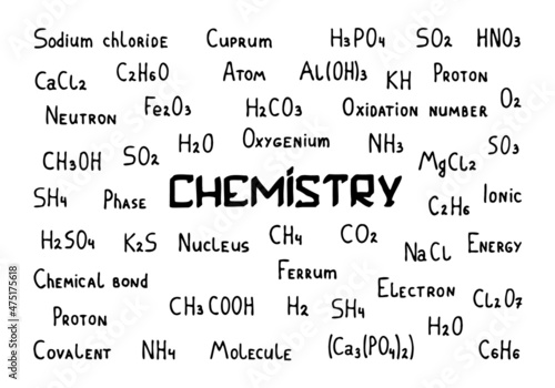 Chemical theme background with chemical formulas in doodle style. Hand Drawn.