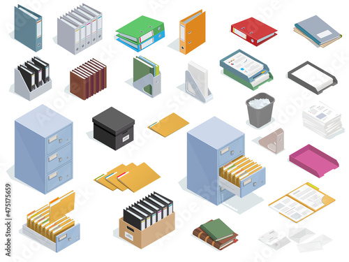 Isometric office equipment set for paperwork and archival data storage. Office stationery.