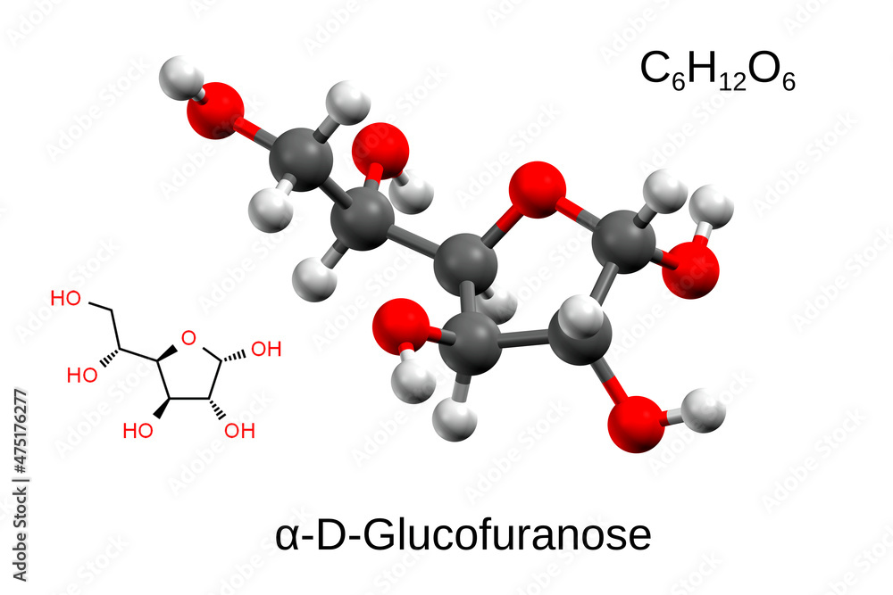 Chemical formula, structural formula and 3D ball-and-stick model of alpha-D-glucofuranose, white background Chemical formula, structural formula and 3D ball-and-stick model of alpha-D-glucofuranose, white background