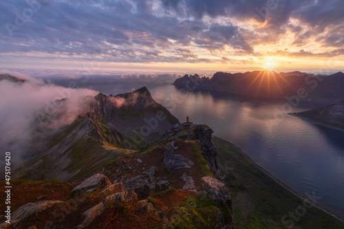 Stunning views from Hasfjulit to the Norwegian Sea and mountains at sunrise. Norway. Senja Island