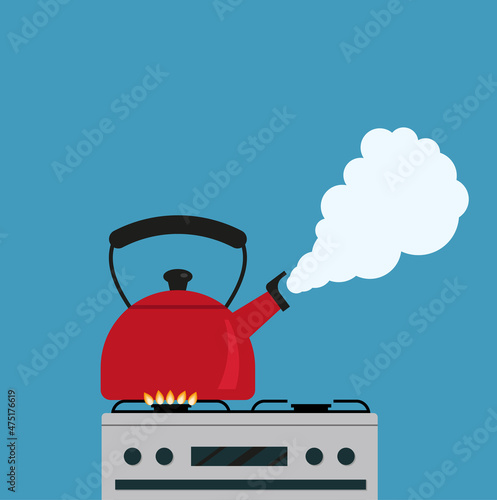 A boiling kettle on a gas stove. Vector illustration in flat style