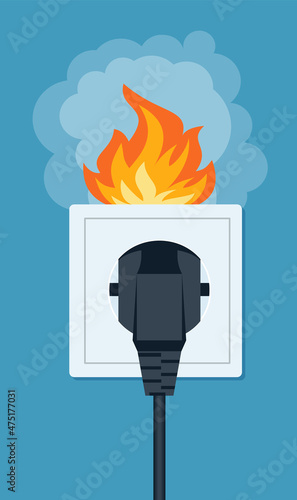 Socket and plug on fire from voltage overload. Vector flat illustration.