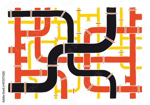 Many colorful pipes of different sizes, colors and diameters are intertwined to form a background, texture, pattern. Hand Drawn. Doodle.	