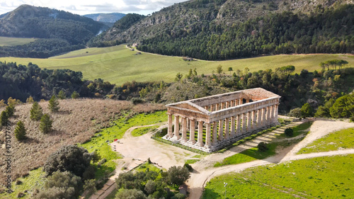 Temple of Segesta in the countryside of Sicily, Italy. Aerial view from drone