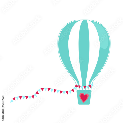 Blue hot air balloon with white stripes and festive flags. Valentine day clip art, romantic aerostat