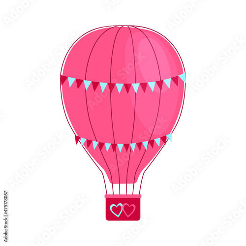 Pink romantic aerostat with bunting of festive flags. Valentine day design hot air balloon