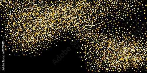 Golden point confetti on a black background. Illustration of a drop of shiny particles. Decorative element.