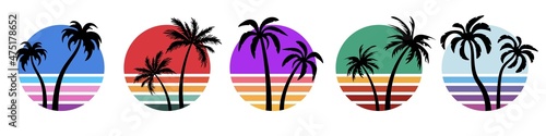 Vector retro sunset and palm silhouettes. Vintage elements for logo, party poster, t-shirt. photo
