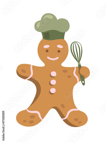 Cute gingerbread man vector illustration. Gingerbread man in chef's hat with a whisk.