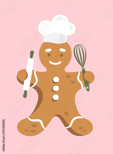 Cute gingerbread man vector illustration. Gingerbread man in chef's hat with a whisk.
