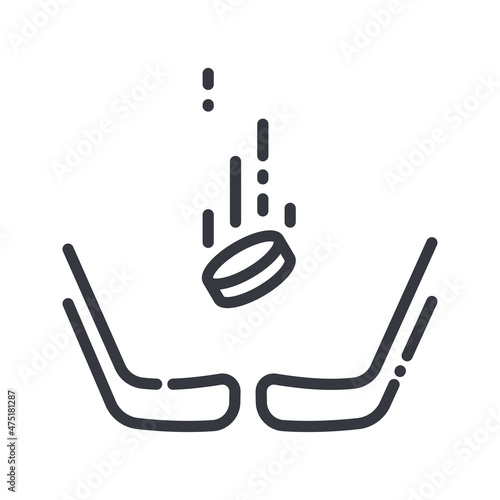 Vector hockey stick and puck equipment line icon isolated