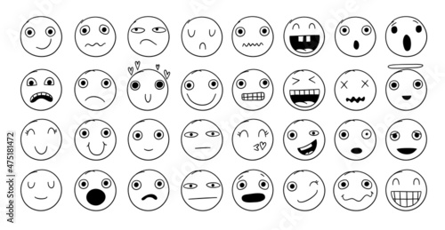 Doodle emoji set. Doodles image pictograms, Smile emotion funny faces, happy fun emoticon line icons, sad hand drawn, neat outline isolated vector illustration. Illustration of emotion face expression