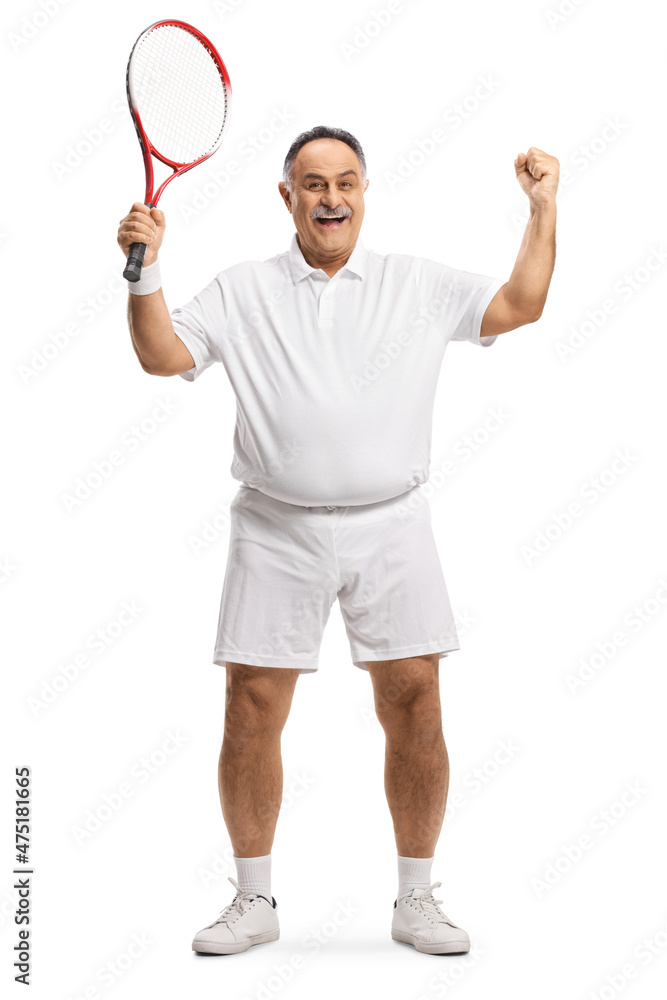 Full length portrait of a mature man with a tennis racket gesturing win