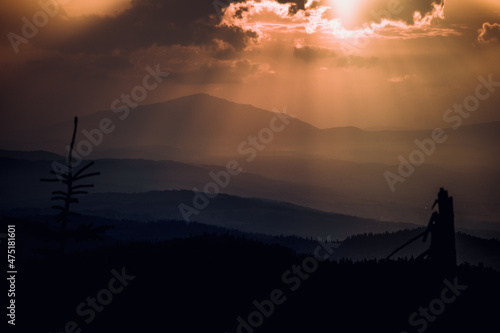 Fototapeta Naklejka Na Ścianę i Meble -  Gorce i Beskid w dali masyw Babiej Góry widok z Turbacza w Gorcach