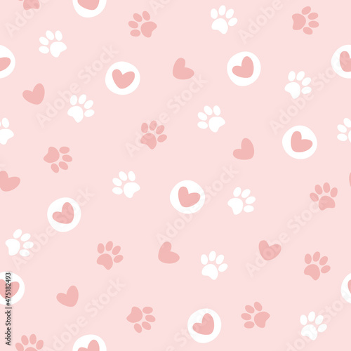 Pet paw seamless pattern.Vector illustration with paw and hearts on pink background. It can be used for wallpapers, wrapping, cards, patterns for clothes and other.