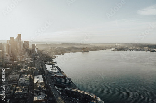 Aerial view of the cityscape of Seattle during sunset, the pier