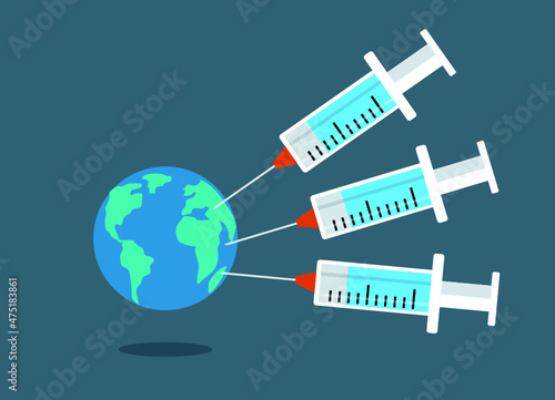 Le monde a besoin d'une troisième dose pour se protéger contre le virus Covid 19 ou Corona virus. 3 seringues viennent vacciner la terre contre l'épidémie