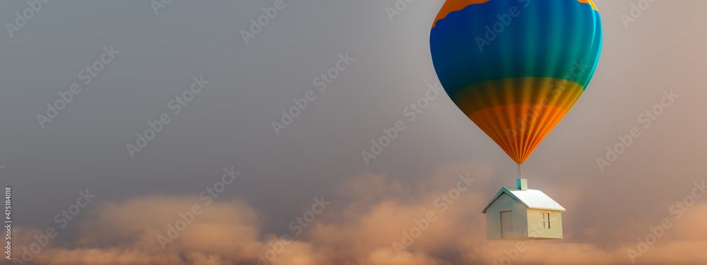 Obraz premium GLOBO AEROESTATICO CON CASA FLOTANDO RENDER ILUSTRACION