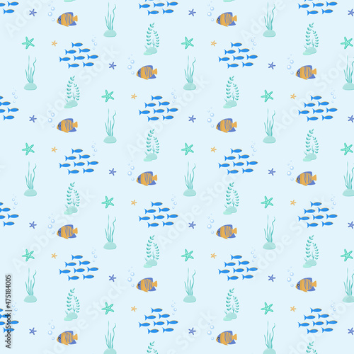 Marine pattern with fish and algae decorated with starfish.