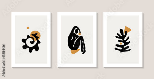 Set of three abstract posters with female silhouettes and abstract corals. Matisse style. 