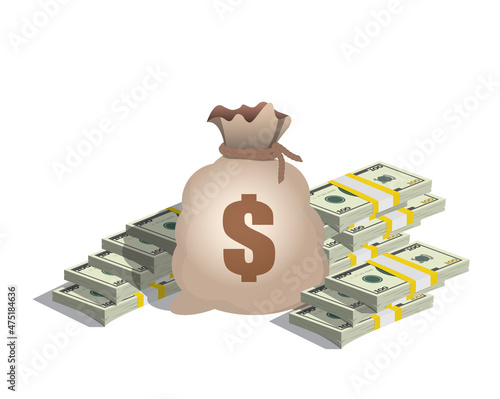 money bag and pile of dollar bills