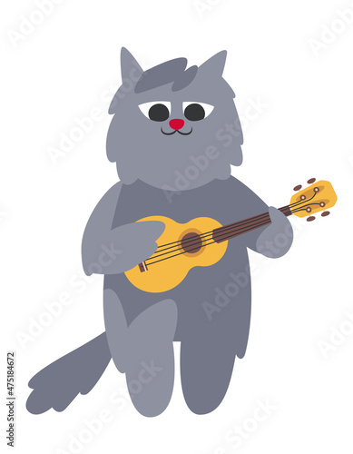 Cat plays ukulele. Cute character in doodle flat style © Maria