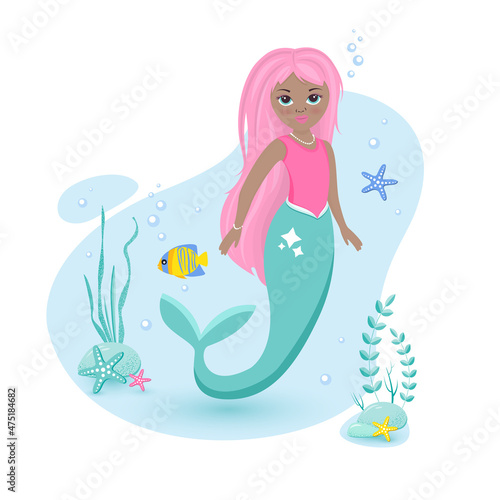 Little mermaid on the background of the seabed. Vector illustration.