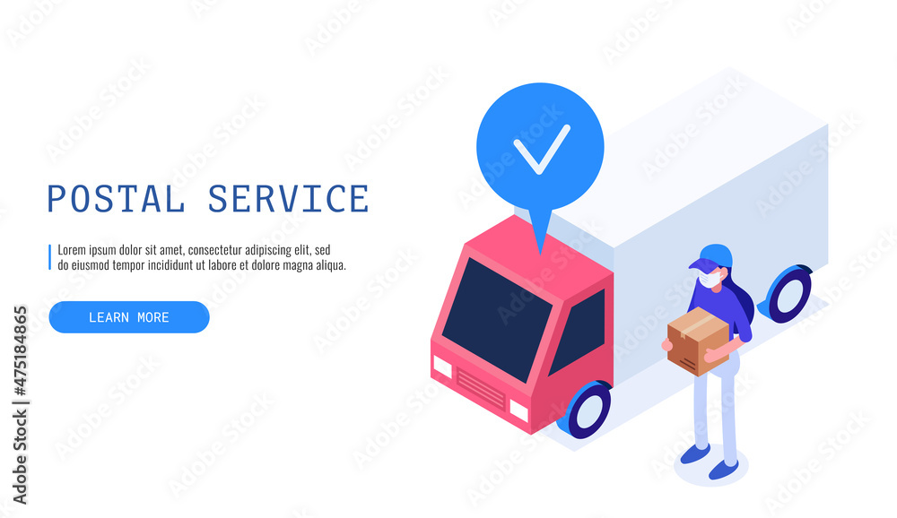 Postwoman stands with a box near the delivery van. Isometric vector web banner.