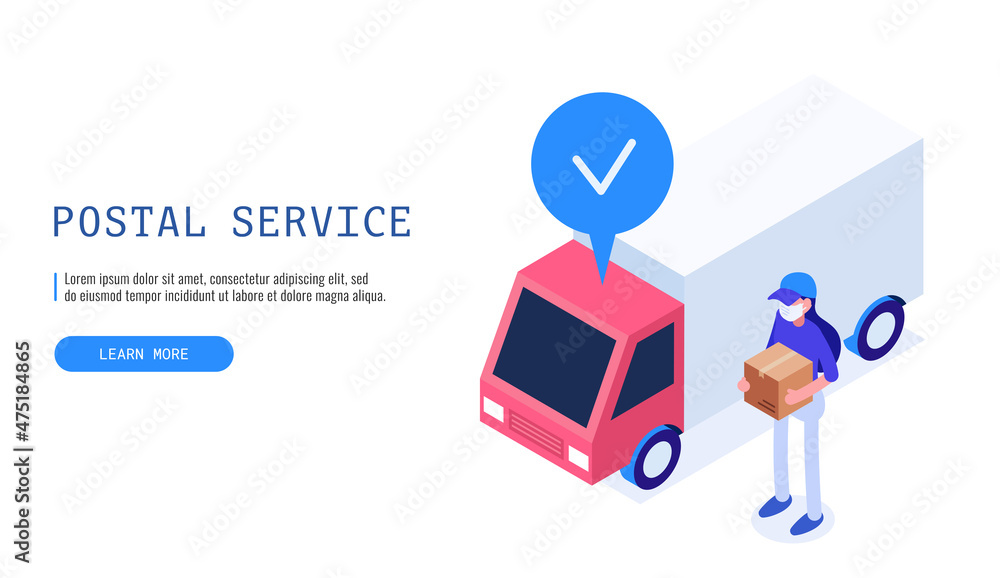 Postwoman stands with a box near the delivery van. Isometric vector web banner. Postwoman stands with a box near the delivery van. Isometric vector web banner.