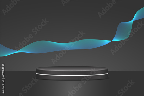 Black and ocean blue studio background with product display podium