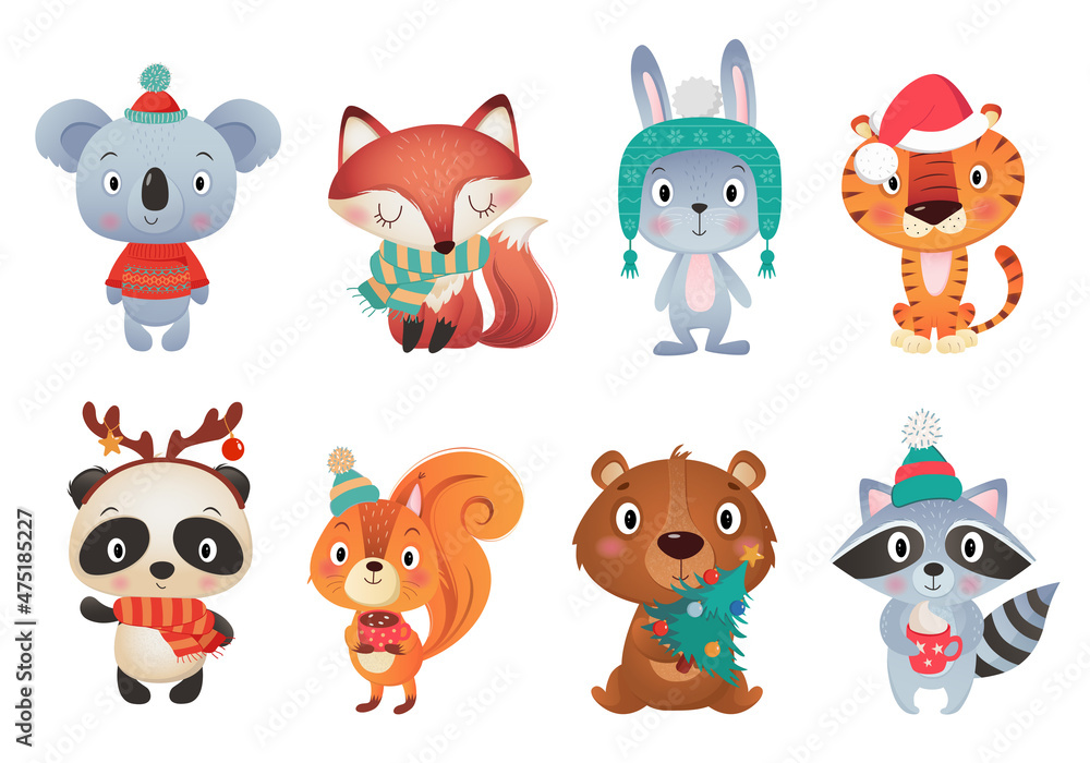 Funny set of different Cristmas and Happy new year cute amimals on white Background Funny set of different Cristmas and Happy new year cute amimals on white Background
