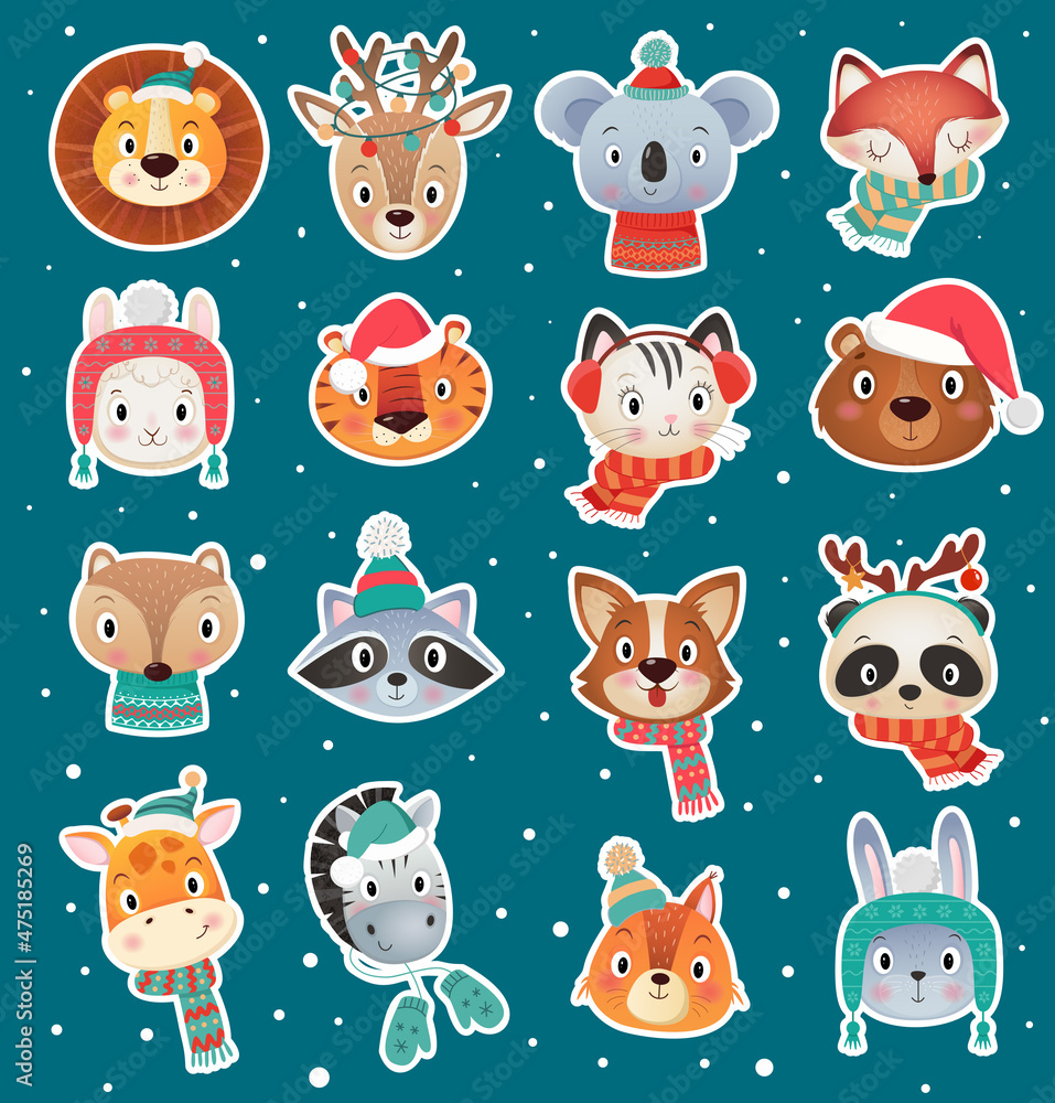 Colorful set of different Cristmas and Happy new year cute amimals head with snow on blue Background Colorful set of different Cristmas and Happy new year cute amimals head with snow on blue Background