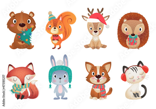 Colorful set of different Cristmas and Happy new year cute amimals with Christmas tree on white Background