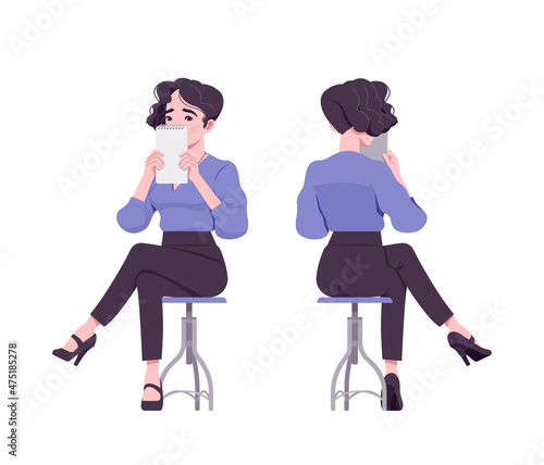 Office girl, modern woman sitting, covering face with notebook. Female secretary business lady, manager formal clothes. Vector flat style cartoon illustration isolated, white background, front, rear