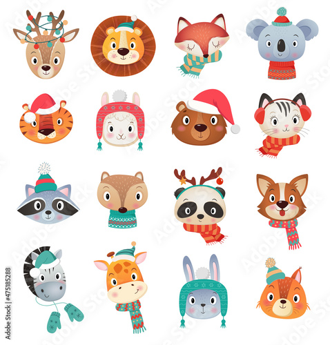 Colorful set of different Cristmas and Happy new year cute amimals head on white Background