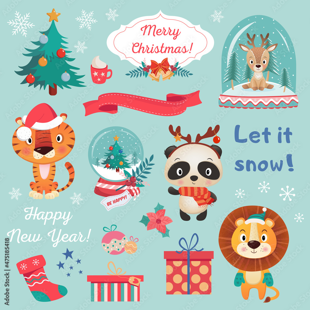 Fototapeta premium Colorful set of different Cristmas and Happy new year decoration, cute amimals on blue Background