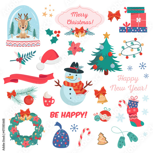 Big Colorful set of different Cristmas and Happy new year decoration, on white Background