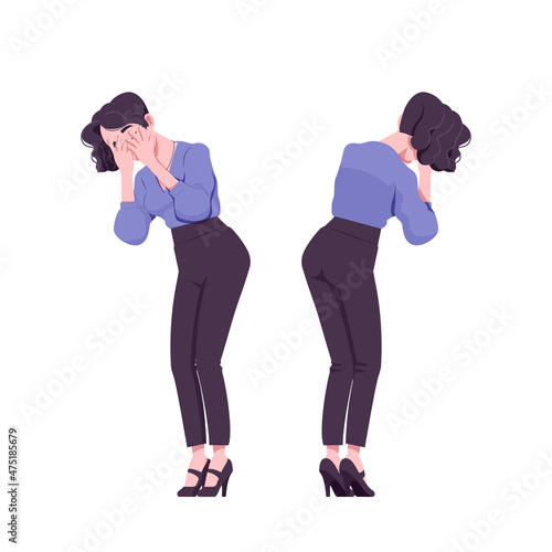 Office girl, modern woman, crying in grief. Beautiful female secretary business lady, manager in formal clothes. Vector flat style cartoon illustration isolated on white background, front, rear view