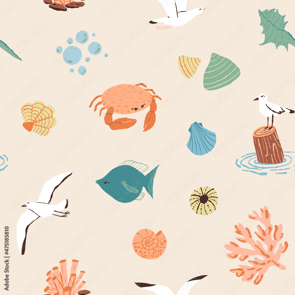 Nautical, sea, ocean seamless pattern for textile, fabric. Gull birds, crab, sea or ocean fish, various shells and coral Nautical, sea, ocean seamless pattern for textile, fabric. Gull birds, crab, sea or ocean fish, various shells and coral