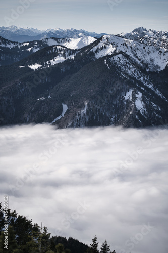 landscape with dramatic fog, forest and mountains in winter 