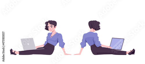 Office girl, modern woman sitting at floor with laptop. Female secretary business lady, manager in formal clothes. Vector flat style cartoon illustration isolated on white background, front, rear view