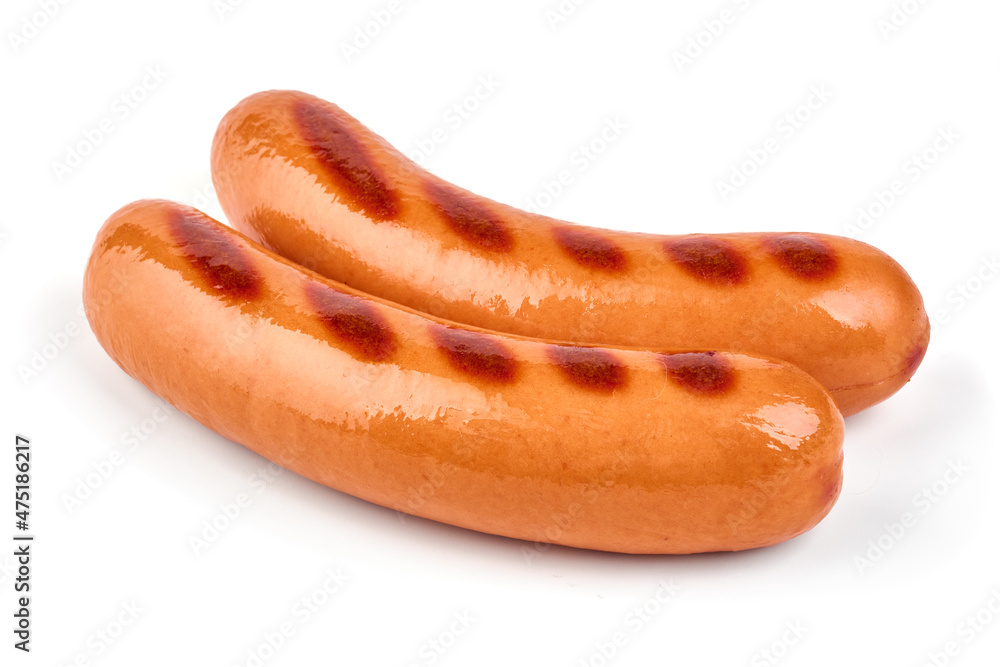 Fried frankfurter sausage, isolated on white background. Fried frankfurter sausage, isolated on white background.
