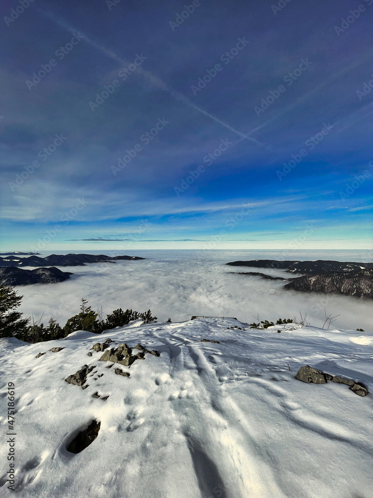 landscape with dramatic fog, forest and mountains in winter landscape with dramatic fog, forest and mountains in winter