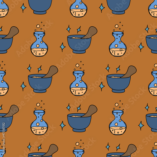 Magic objects seamless pattern for alchemical medicine. Spiritual vector illustration of potion in flask, mortar and pestle. Witchcraft esoteric symbols, collection of mystery celestial art in doodle