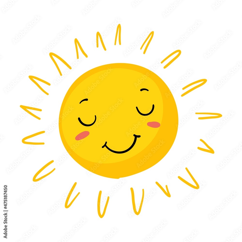 Funny eyed Sun. Sunshine cute summer logo. Spring light emotion, doodle vector isolated on white background.